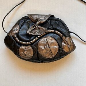 Vintage Cellini Handbag Black Leather Bronze Appliqué Small Shoulder Bag